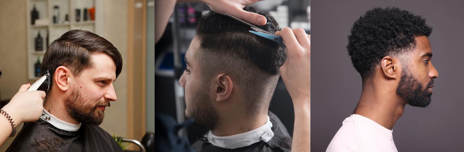 A photo collage of three men with different haircuts